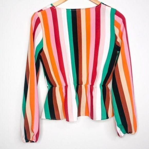 2/$30 Molly Green Bright Rainbow Stripe Balloon Sleeve Retro Top Blouse Small - Picture 5 of 9